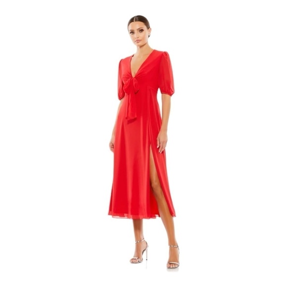Mac Duggal V Neck Bow Detail Flowy Midi Dress in Chili SIZE 2 NWT - Picture 1 of 6